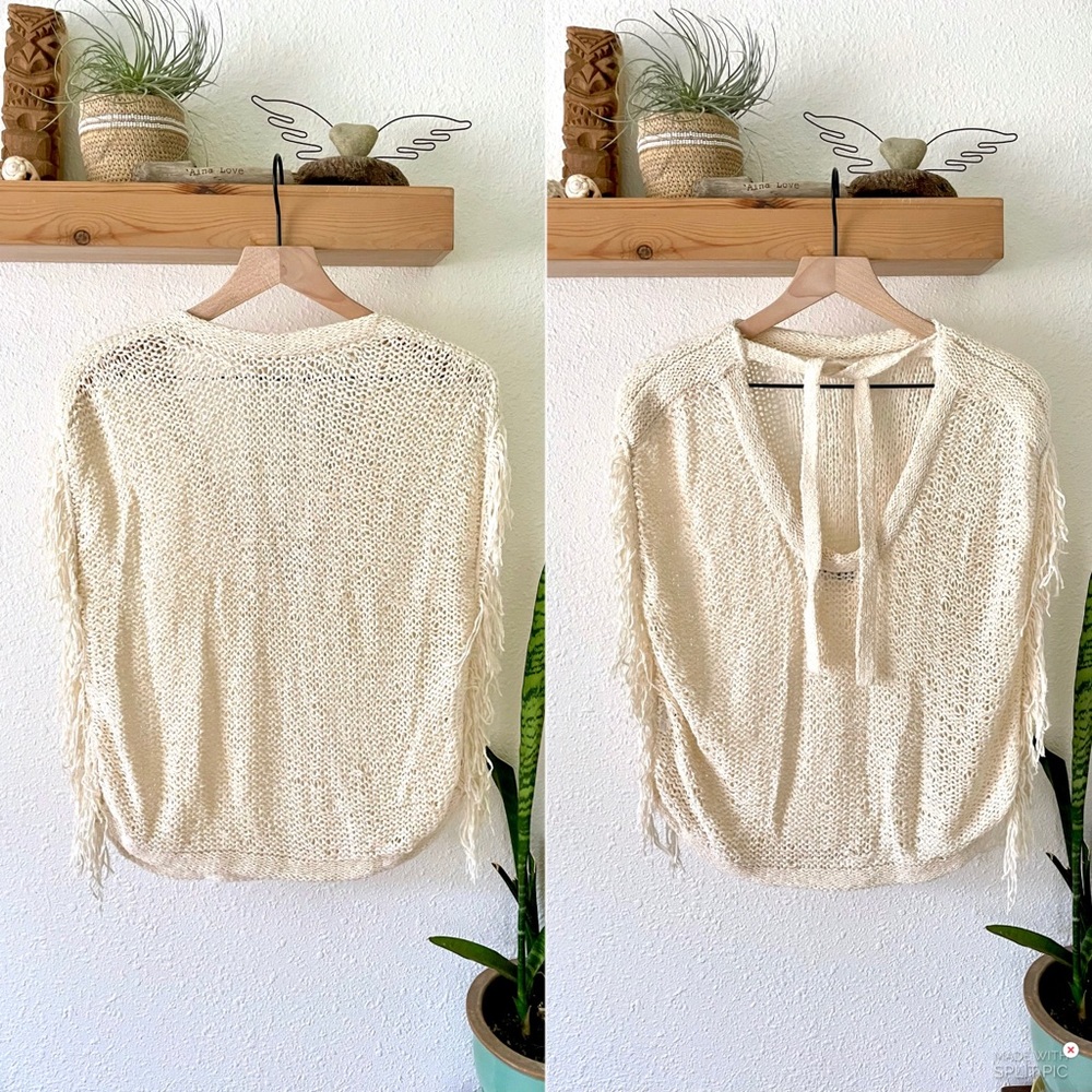 John + Jenn cream colored fringed loose weave top